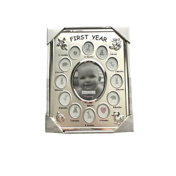 Baby's First Year Frame Monthly Silver Mirror Collage Picture Frame - Picture 1 of 4